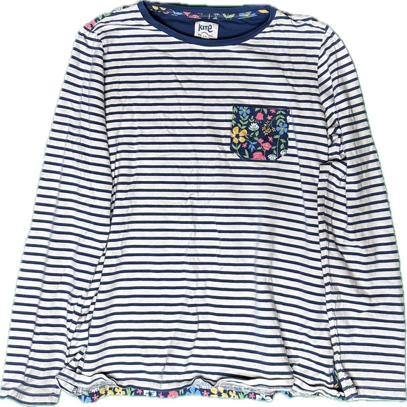 Kids Navy Striped Long Sleeve Tee with Floral Pocket - Picture 1 of 2